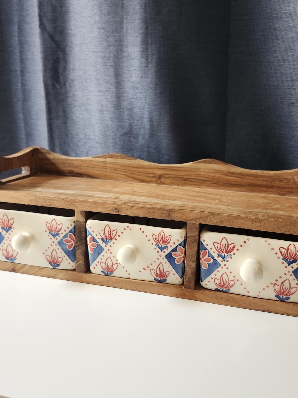 Heavy Indian Mango Wood 3 Ceramic Drawer Mini Chest Spice Rack Jewelry Box 8lbs+